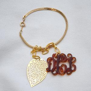 3 Initials Monogram Bracelet With Golden Leaf -..