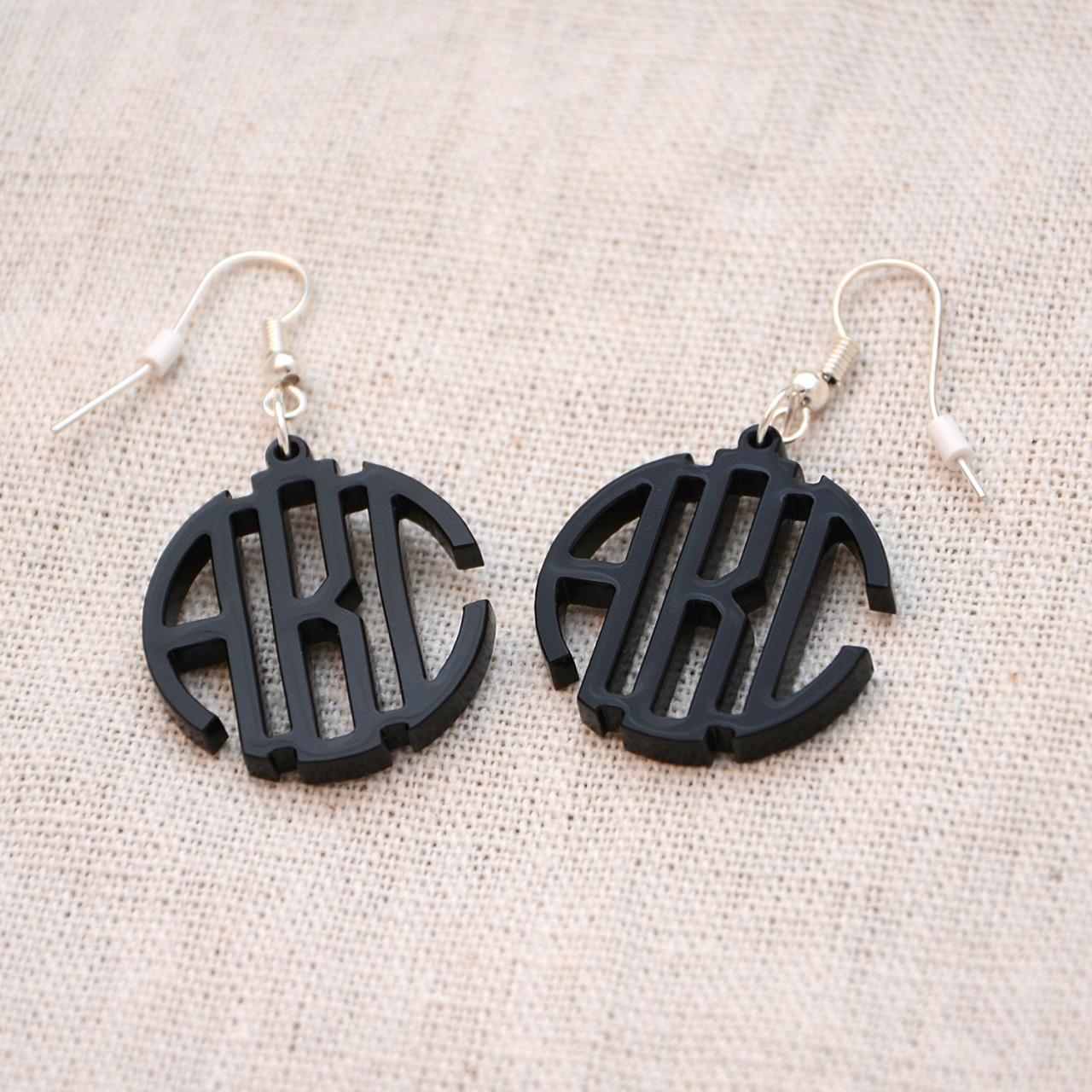 3 Initials Circle Monogram Earrings - Personalized Monogram Black Acrylic Custom Lasercut