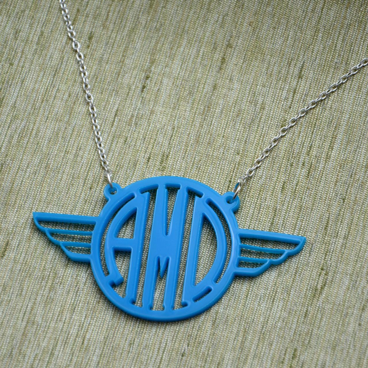 Flying Wings Circle Font Monogram Necklace - Personalized Monogram Gift