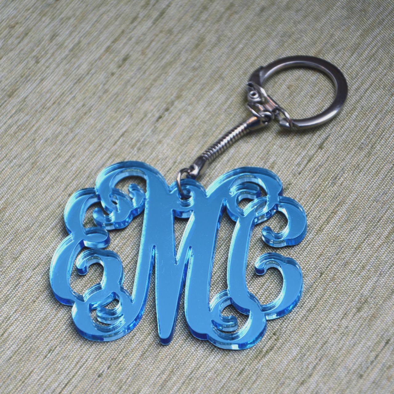 Blue Mirror 3 Initials Monogram Keychain - 2.5 Inch Vine Personalized Monogram Acrylic Custom Lasercut