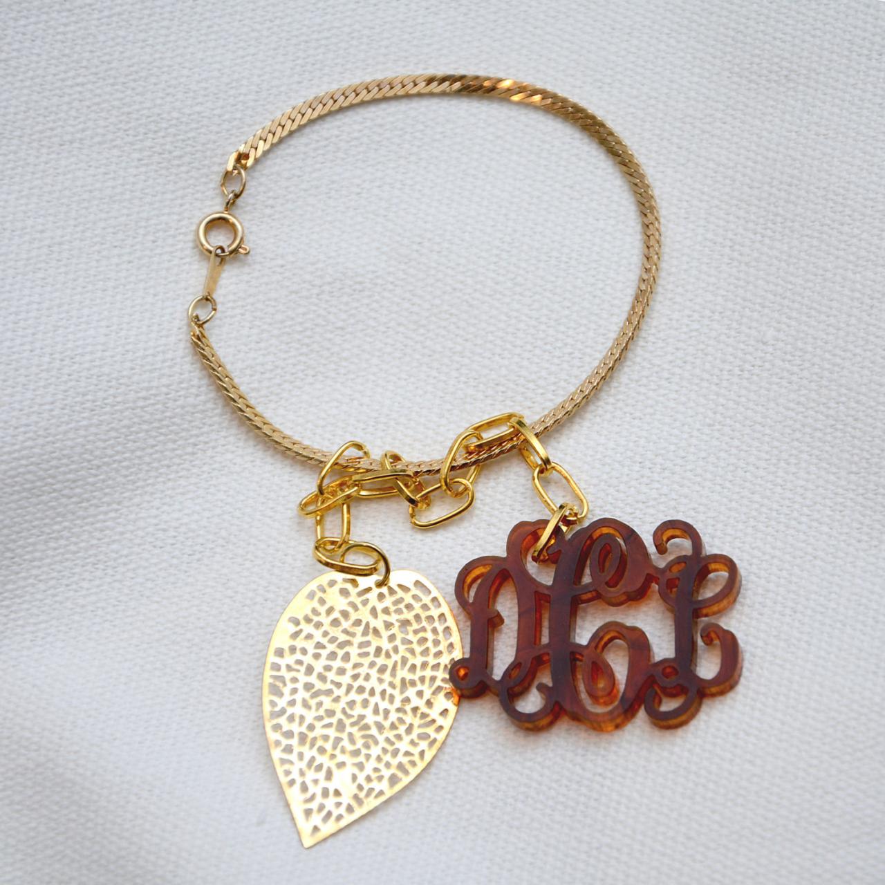 3 Initials Monogram Bracelet With Golden Leaf - 1.5 Inch Vine Personalized Monogram Acrylic Custom Lasercut