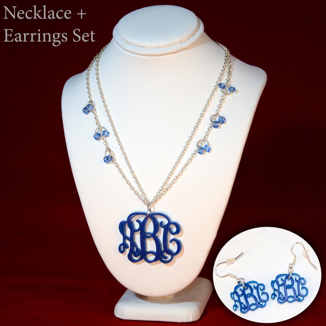 True Blue 3 Initials Monogram Necklace And Earrings Set - Vine Personalized Monogram Acrylic Custom Lasercut