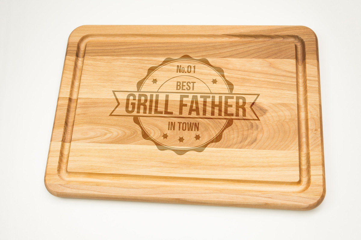 Grill Father In Town Hardwood Cutting Board 10'' X 14'' , Laser Cut Engraving On Wood Designed To